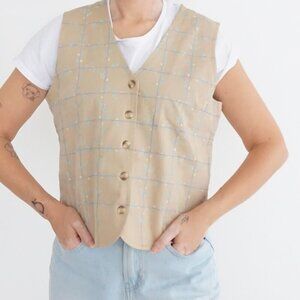 Talbots Beige Blue Leaf Windowpane Embroidered Button Front Vest Tailored S